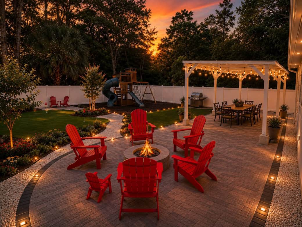 Gorgeous luxury backyard with premium lighting.