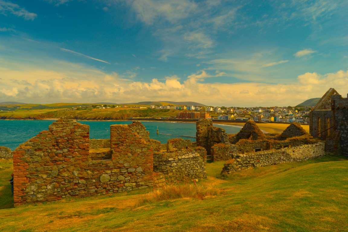Peel Castle at sunset overlooking Peel beach