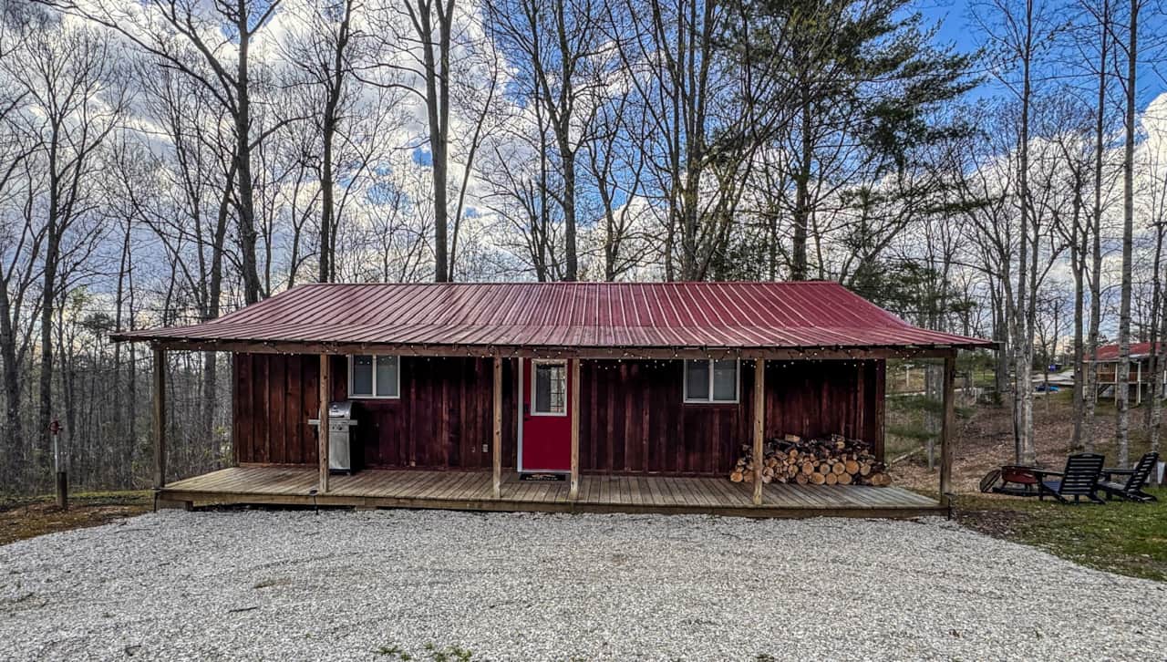 Rustic Kentucky cabin exterior in winter