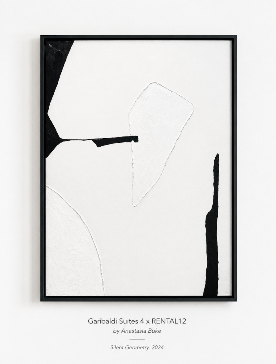 Silent Geometry — single study on white wall at Garibaldi Suites #4 in Olbia