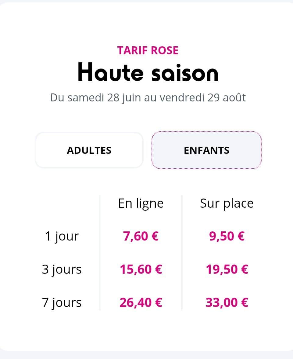 Tarif Fun pass enfant haute saison