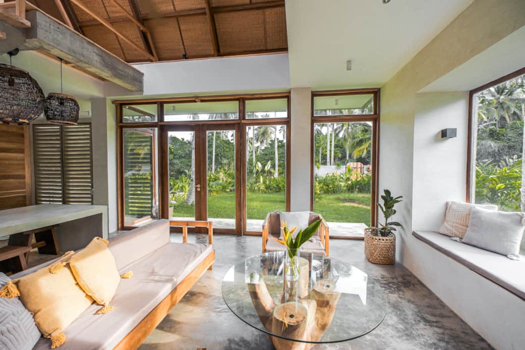 Open plan living and dining area with views over the private garden 