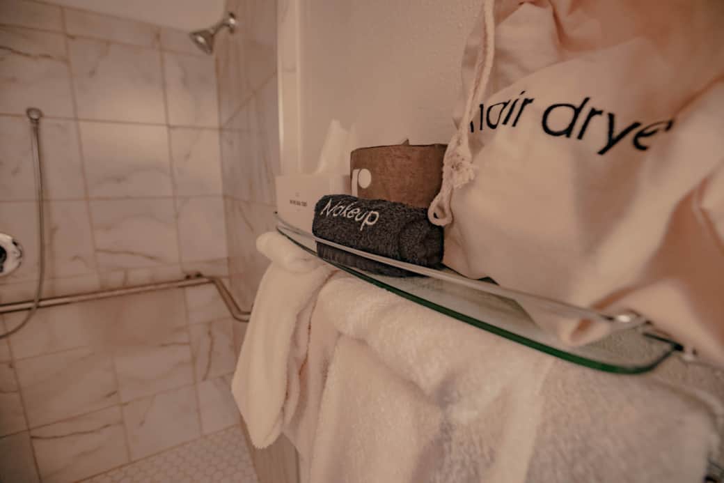 Bathroom essentials & blow dryer.