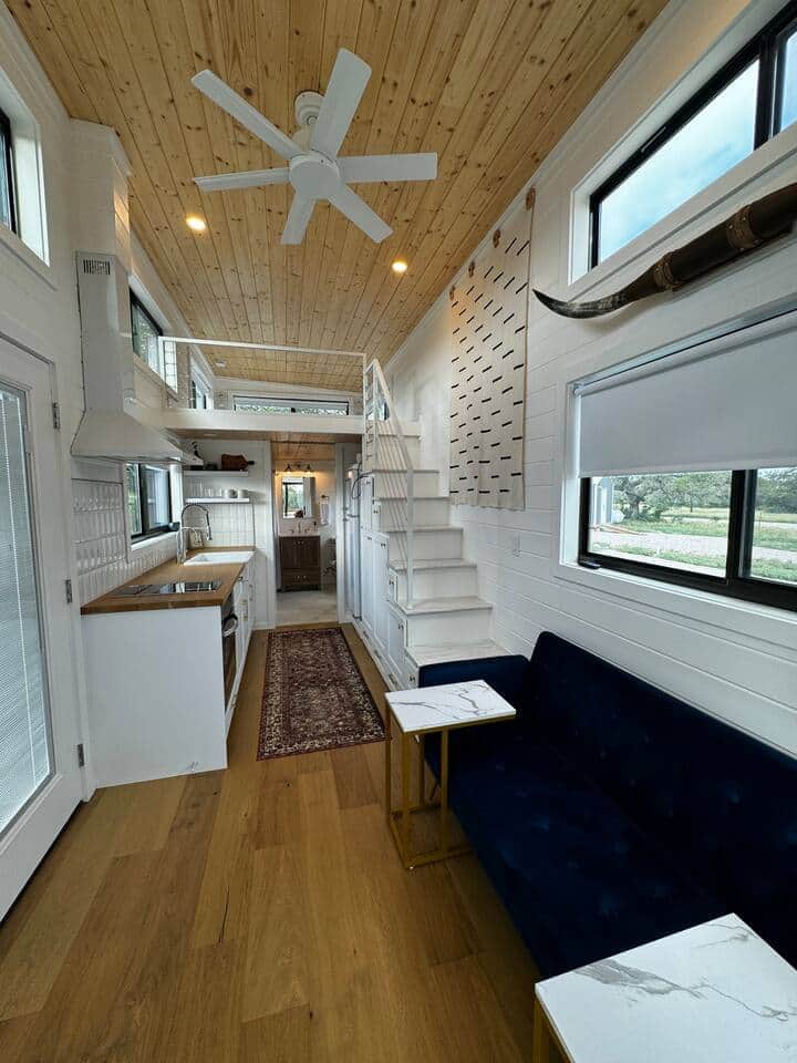 Texas glampgrounds blue moon tiny home interior living kitchen loft Texas glampgrounds blue moon tiny home interior living kitchen loft