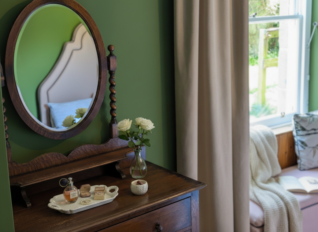Garden-themed green room: Tall bed, window seat, antique dresser. Space for your dog/travel cot.