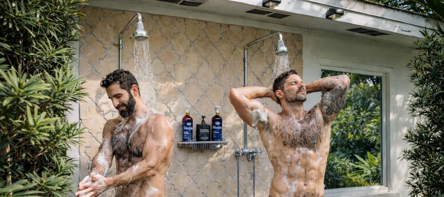 One-way mirror at Casa Citron serving as an outdoor shower mirror, allowing guests to rinse off while maintaining privacy as natural light and tropical landscaping are visible from inside the unit.