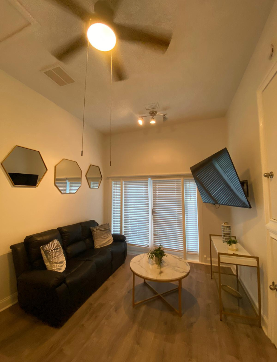Living area features a 2-seat sofa, decorative mirrors, coffee table, and Smart TV. Lakeland, FL