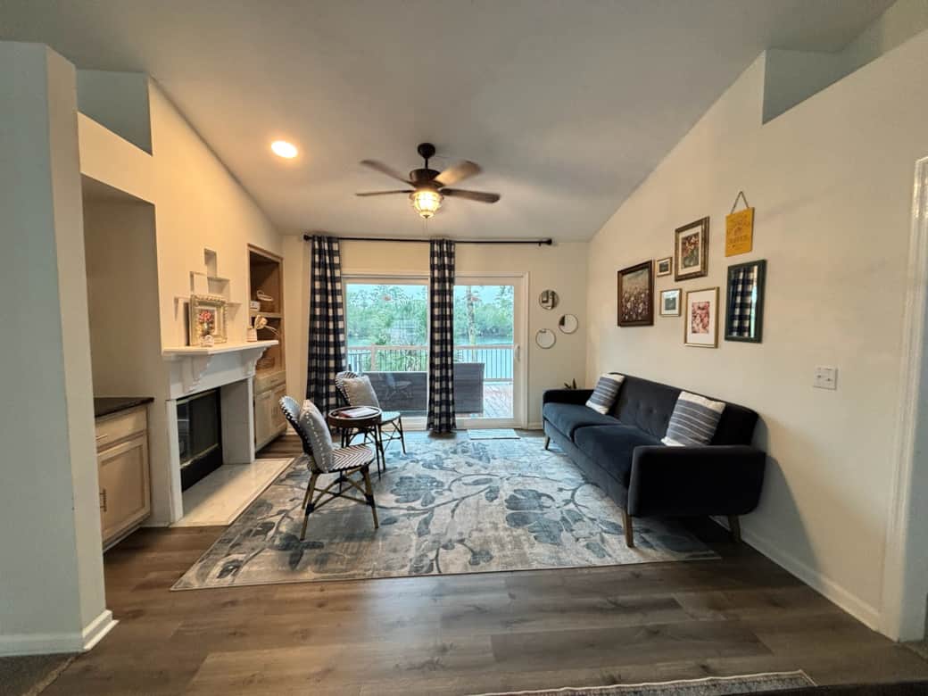 Cozy sitting area with electric fireplace for relaxing nights in