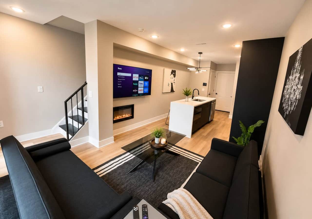 Bright, modern living room featuring two comfortable futon sofa beds, a large Roku TV, electric fireplace, and direct walkout access to the deck. A cozy space to relax, stream your favorite shows, or enjoy fresh air right outside.