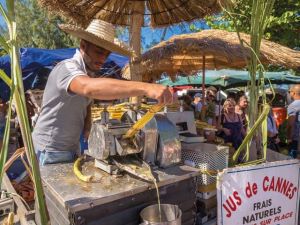 homme presse canne a sucre pour faire un jus