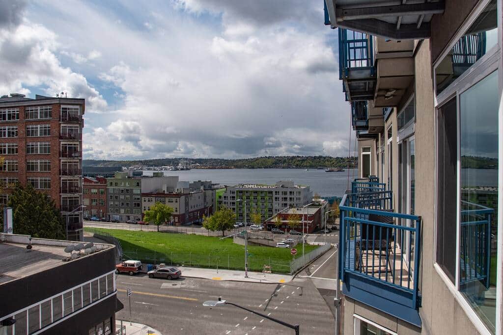Private Balcony with beautiful water views of the Puget Sound and downtown Seattle