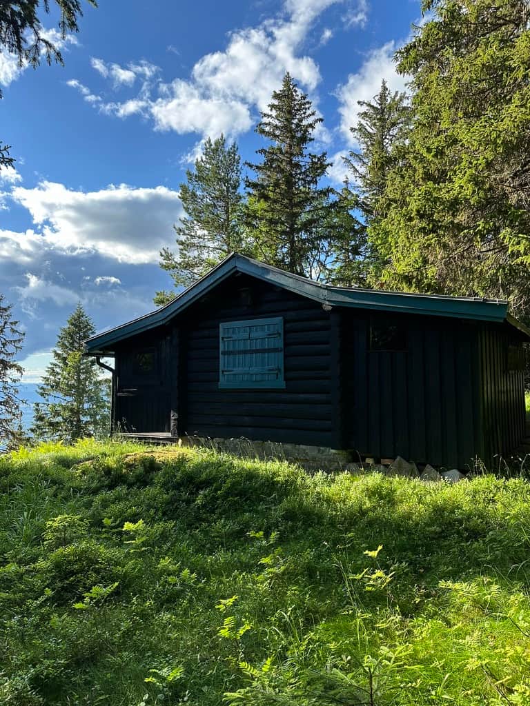 Jøtulstua sett fra siden, med granskogen rundt