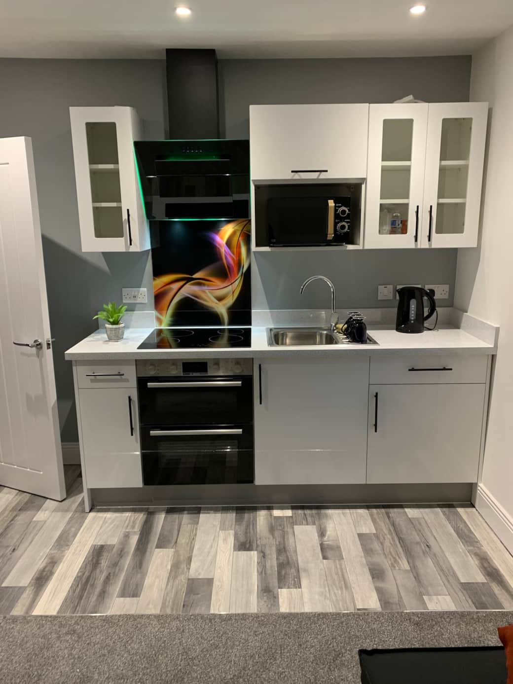 Contemporary kitchenette with electric hob with extractor fan, electric oven, microwave, toaster and kettle.