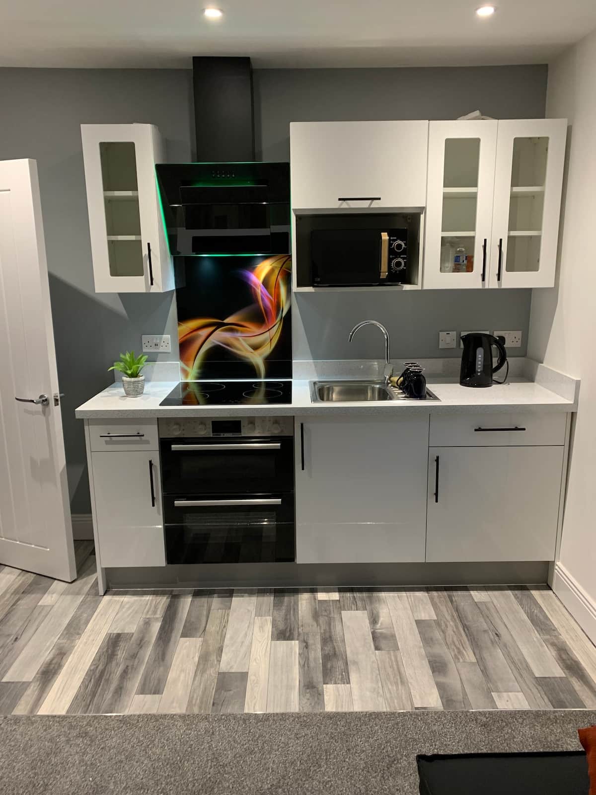 Contemporary kitchenette with electric hob with extractor fan, electric oven, microwave, toaster and kettle.