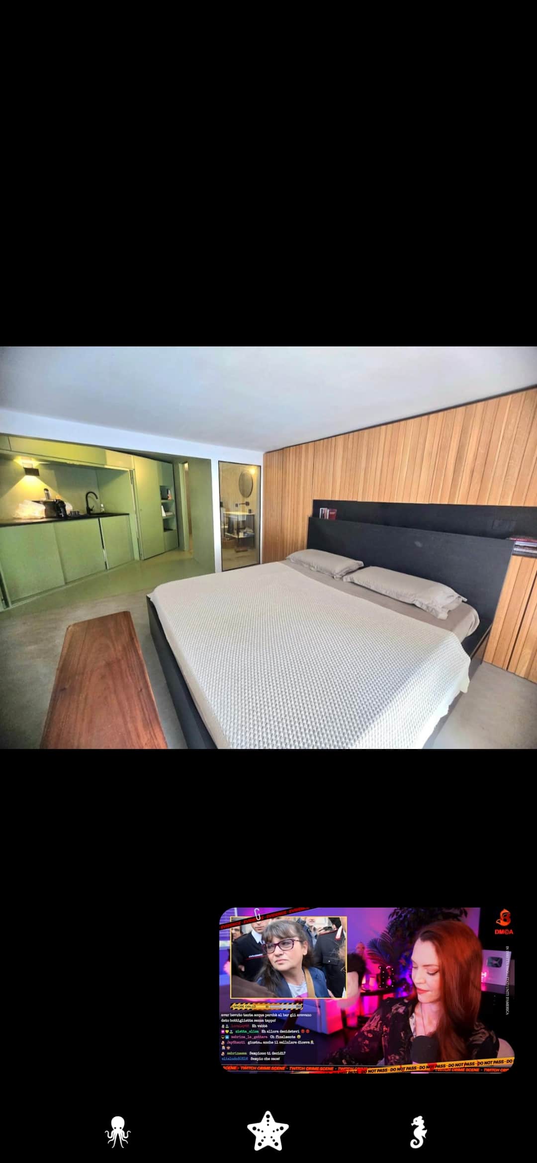 Open-plan sleeping area with a double bed
