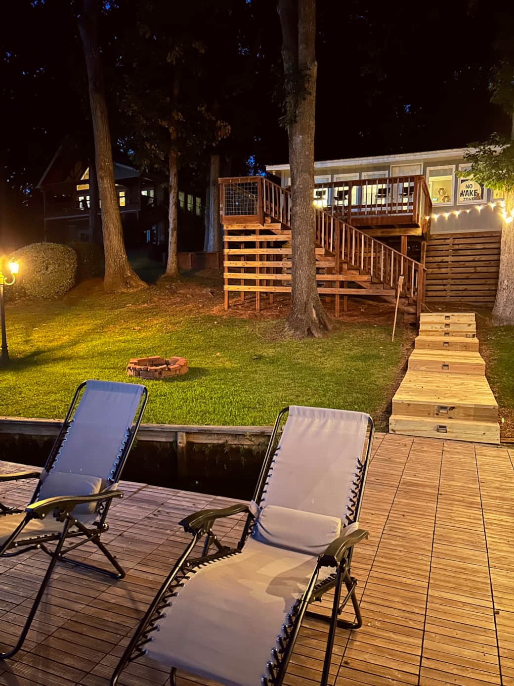 Deck looking back at house at night