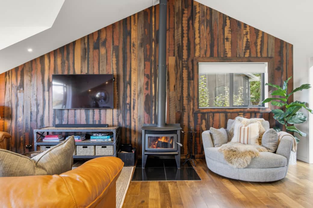 Living room with wood burning fireplace