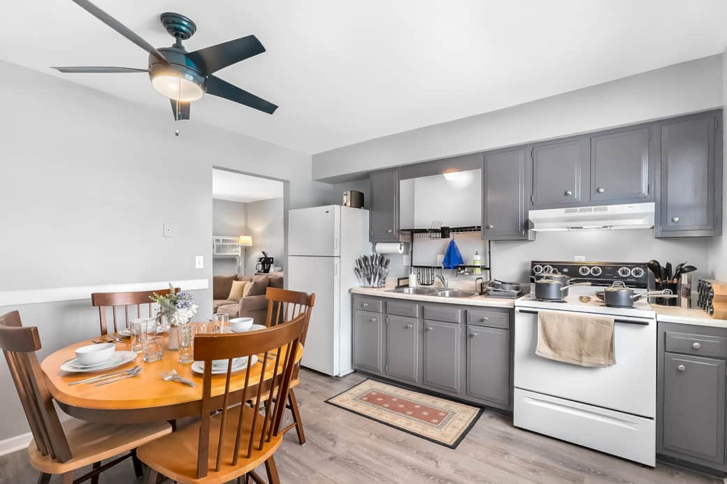 The Kitchen and Dining Room are fully stocked with nice cookware and dishware for 4