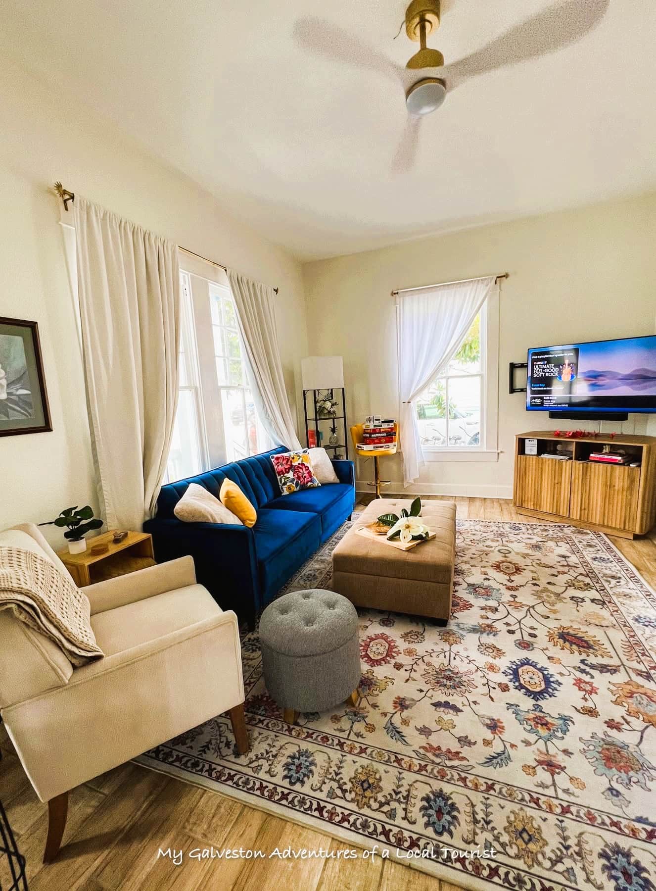 Living room at White Magnolia Galveston — luxury vacation rental home with historic charm and modern decor