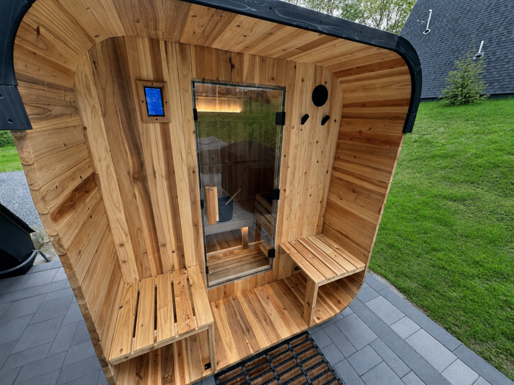 {Patio} Full sized cube steam sauna. Seats up to four comfortably and up to 180 deg hot. Perfect for