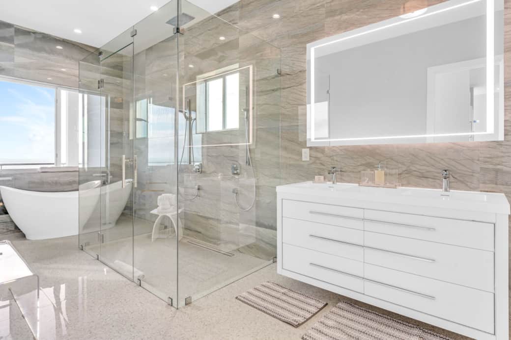 Master bathroom with shower and bath tub