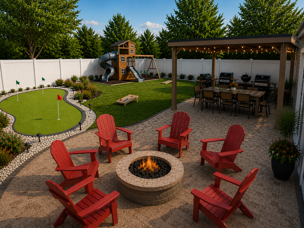 Backyard- playground, mini golf, patio, grill, outdoor dining, firepit, adirondack chairs, yard game