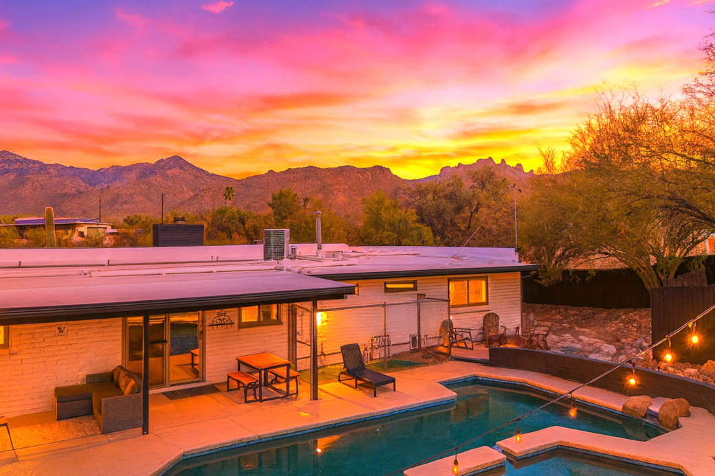 Backyard with sunset over the mountains
