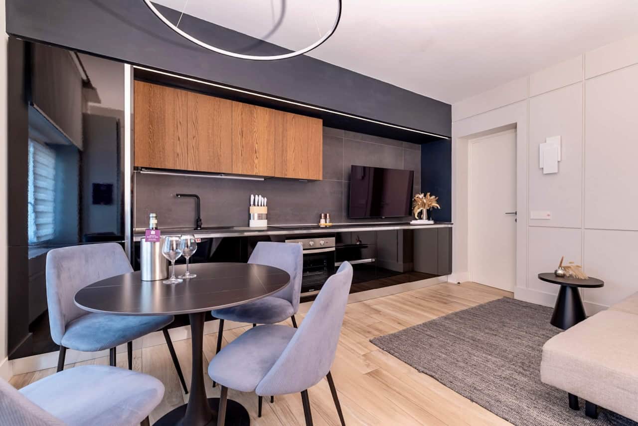 Dining area seats up to four people