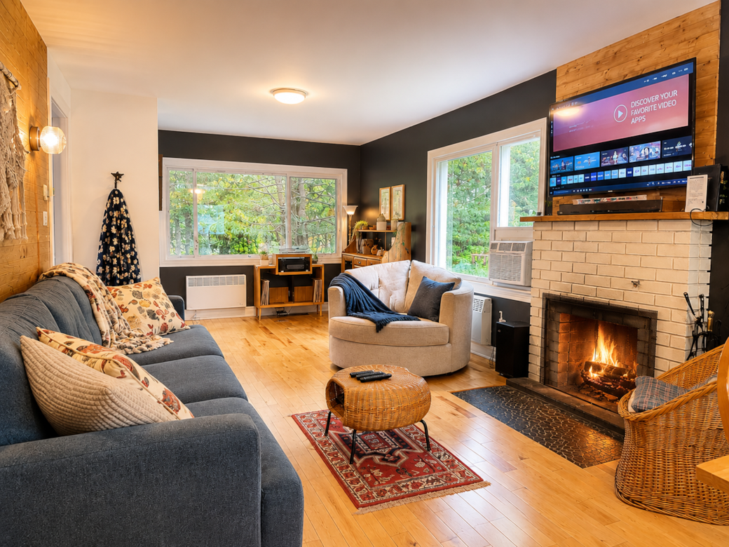 Le chickadee living room fireplace open concept brebeuf