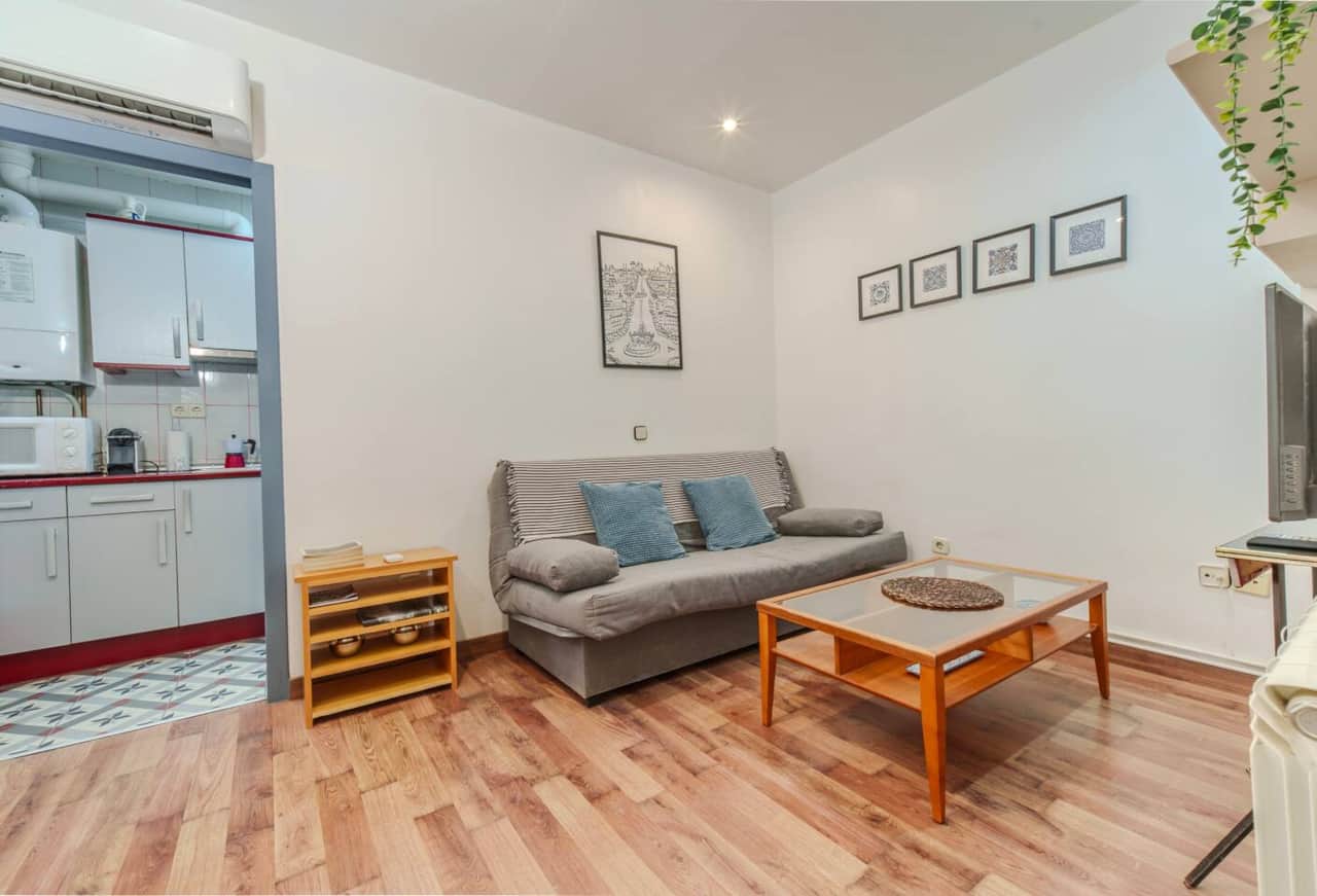 Salón con sofá cama, mesa de centro y cocina abierta
