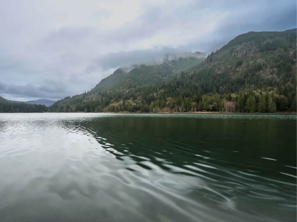 The view from the shore of the lake in front of our cabin