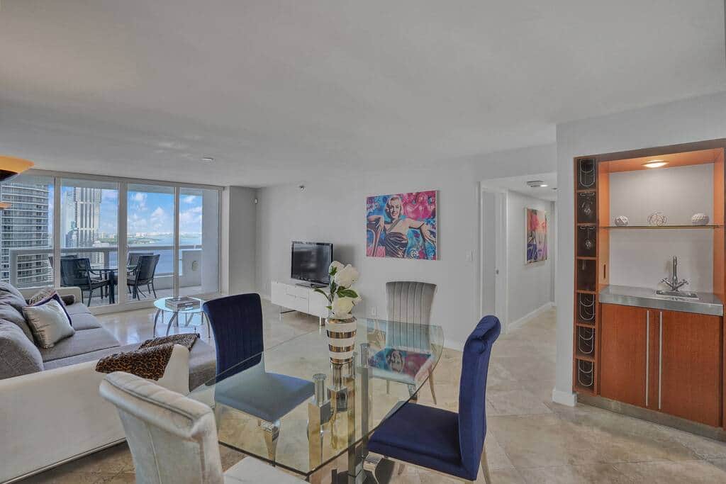 Dining area, living room, Roku streaming tv, balcony access