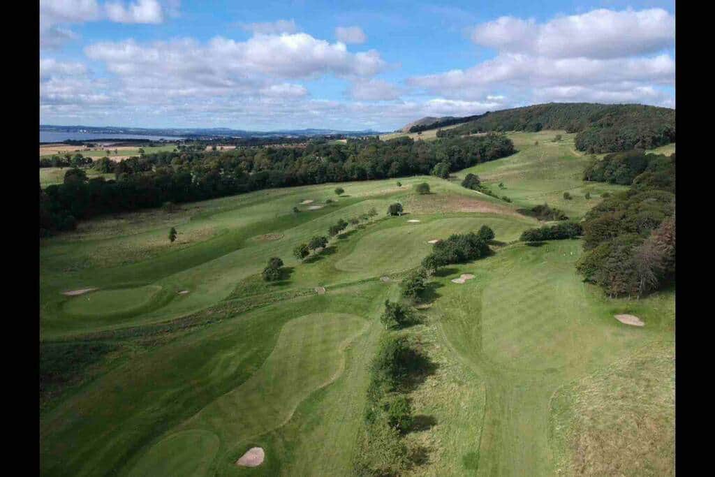 Aerial view of the top 9 holes above the lodges.