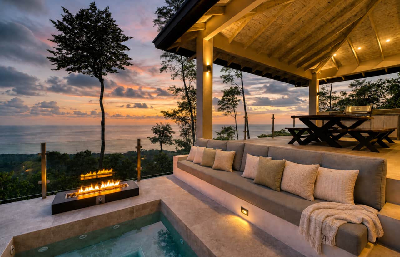 Cozy fireside lounging with an open-air kitchen and sweeping sunset views over the Pacific