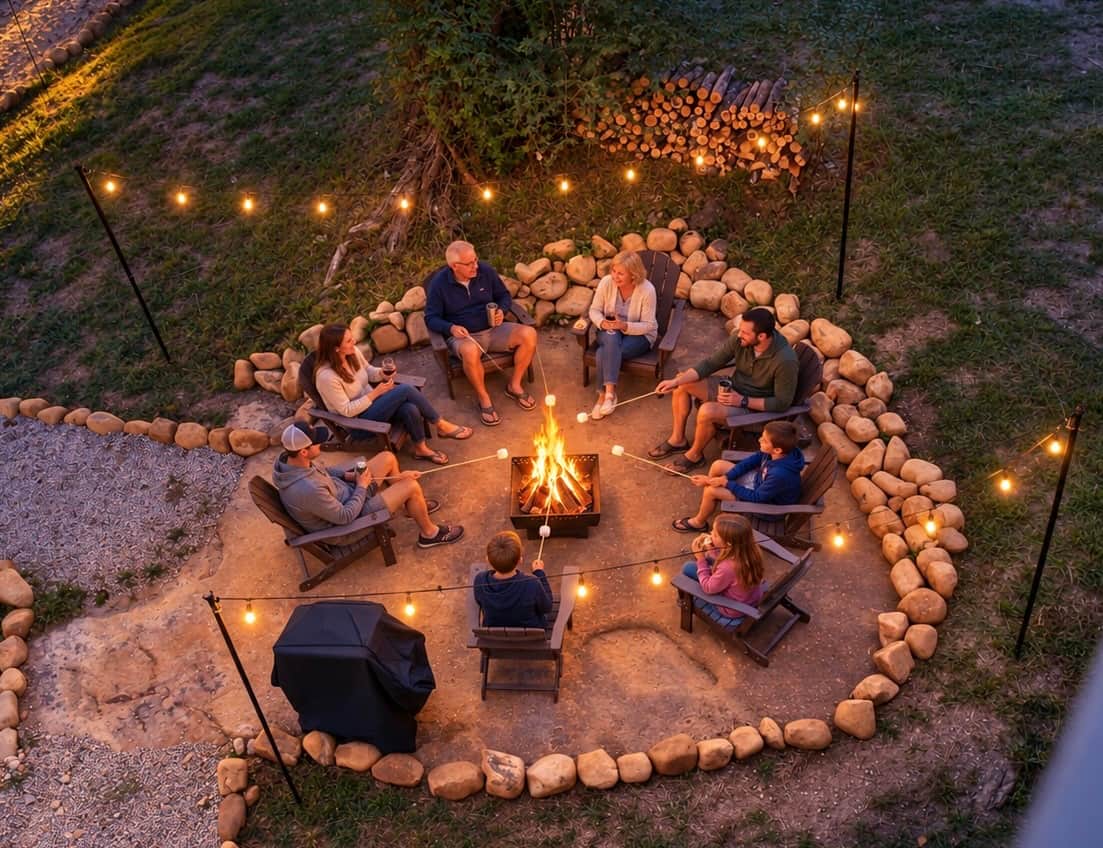 Gather beneath twinkling lights for s'mores, fireside chats, and family memories