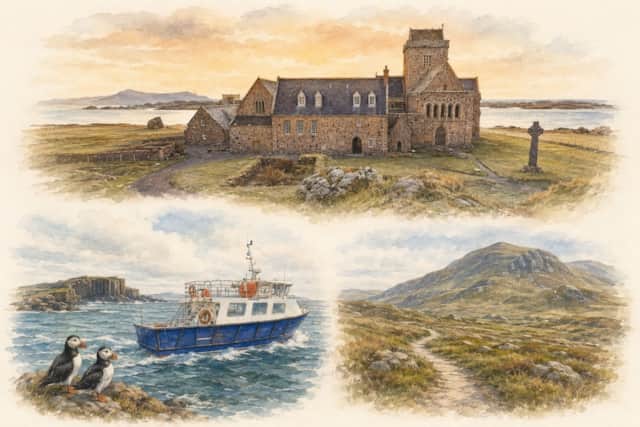 Watercolour illustration of Iona Abbey, an island boat trip with puffins, and a path through Mull’s hills