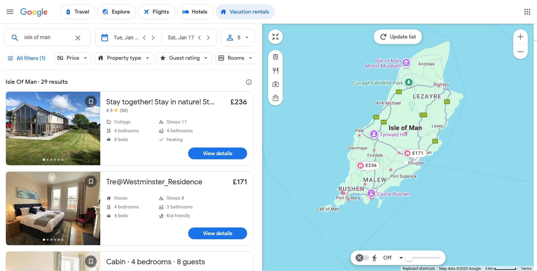 Google Travel map showing Isle of Man accommodation search results