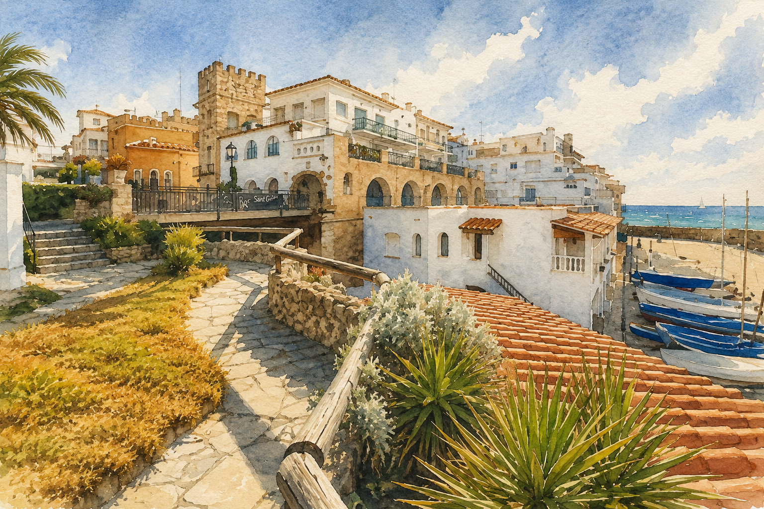 Watercolour of Roc de Sant Gaietà overlooking the Mediterranean