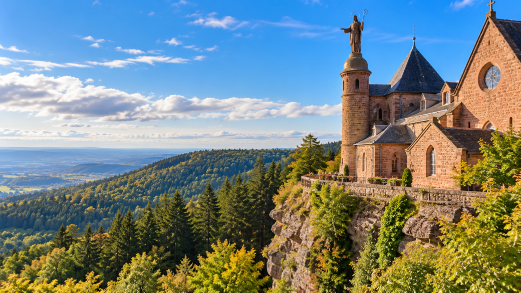 Monastère du mont Sainte-Odile perché sur les hauteurs des Vosges, avec vue panoramique sur les forêts et la plaine d'Alsace, près d'Obernai.