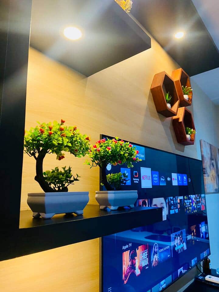  Cozy Green Corner – Thoughtfully placed greenery and shelves to elevate your Netflix nights.