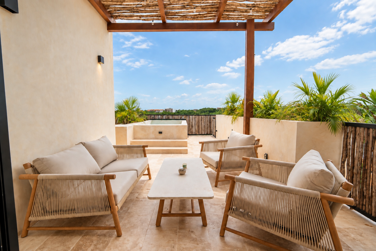 Private terrace with a pool overlooking the Tulum jungle—perfect for morning coffee or relaxing.