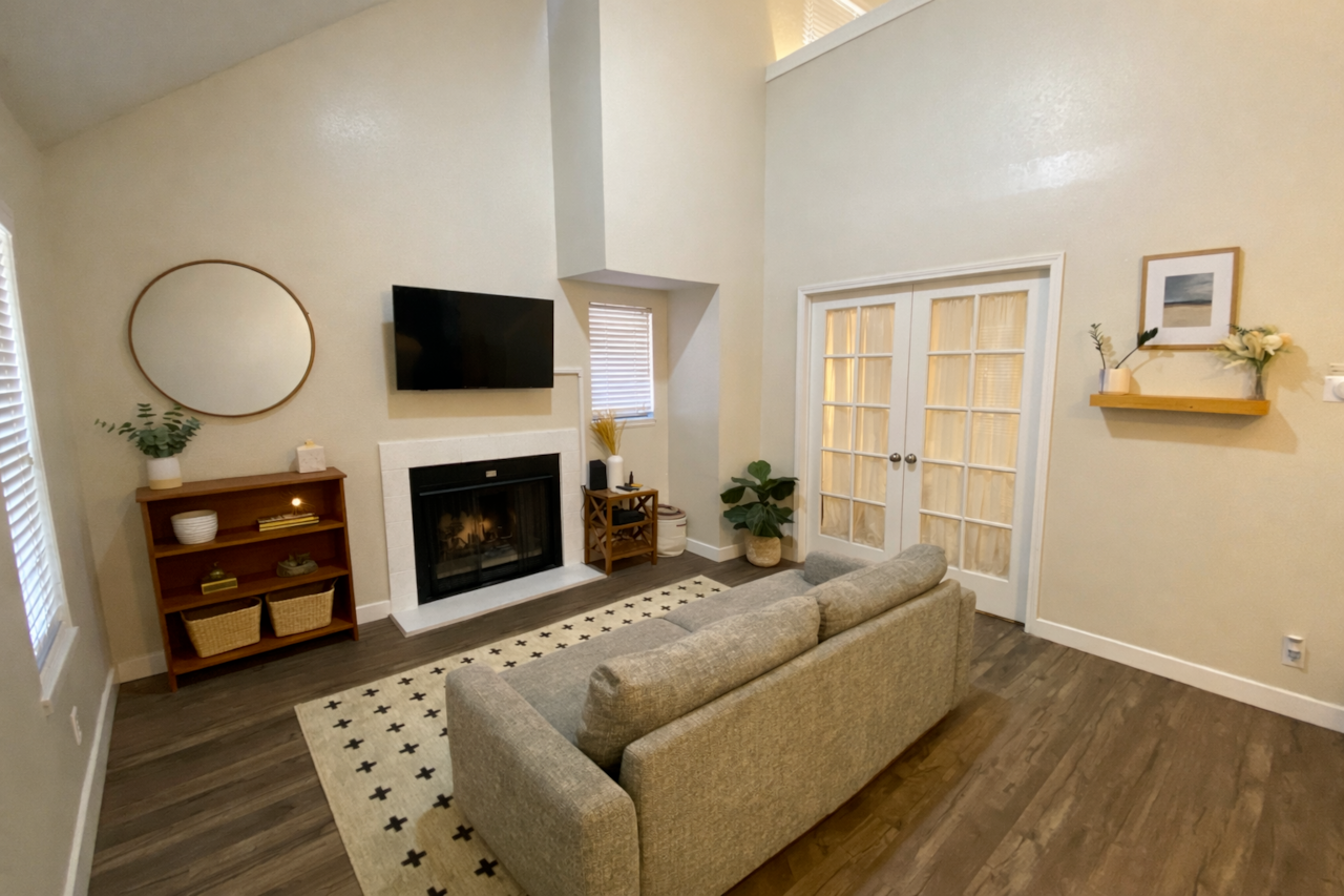 Cozy couch + smart TV for easy streaming nights