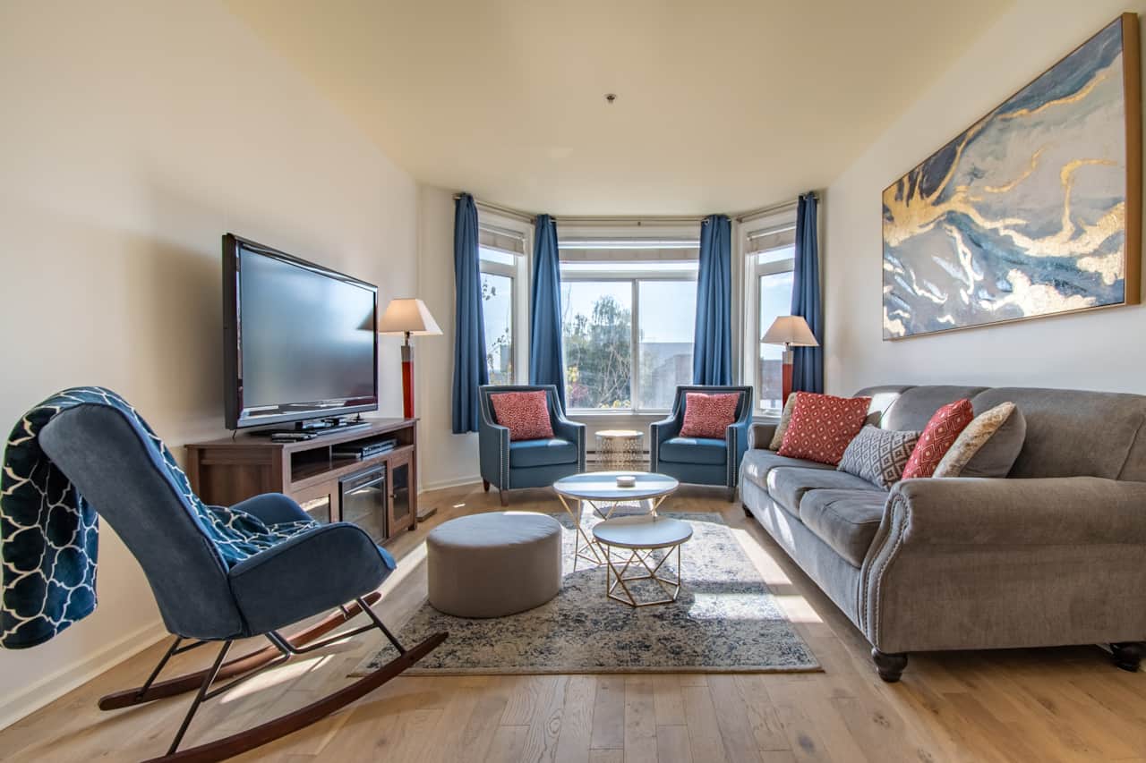 Sunny spacious living room with a comfortable memory foam sleeper sofa