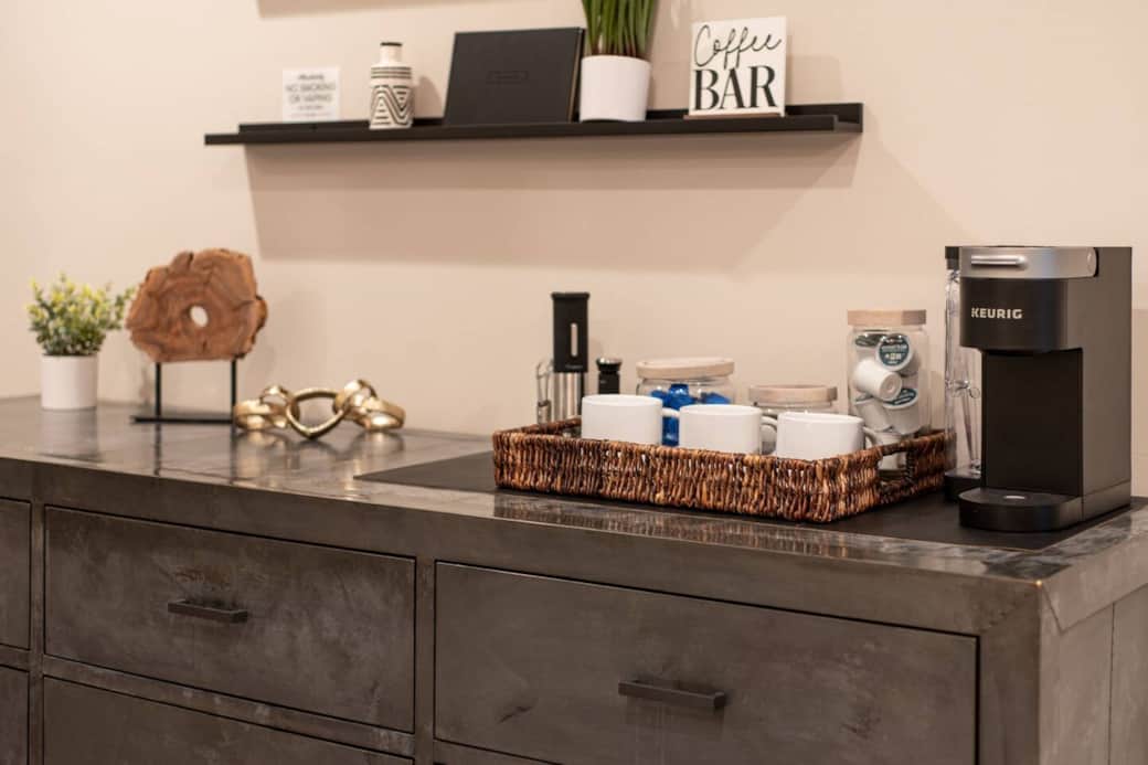 Fully stocked coffee bar. Fully stocked coffee bar.