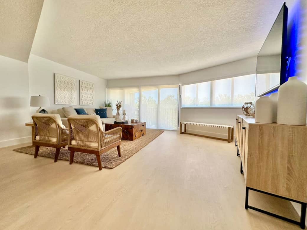 Beautiful coastal accents and a large flat-screen TV make this the ideal spot to unwind after a beach day

