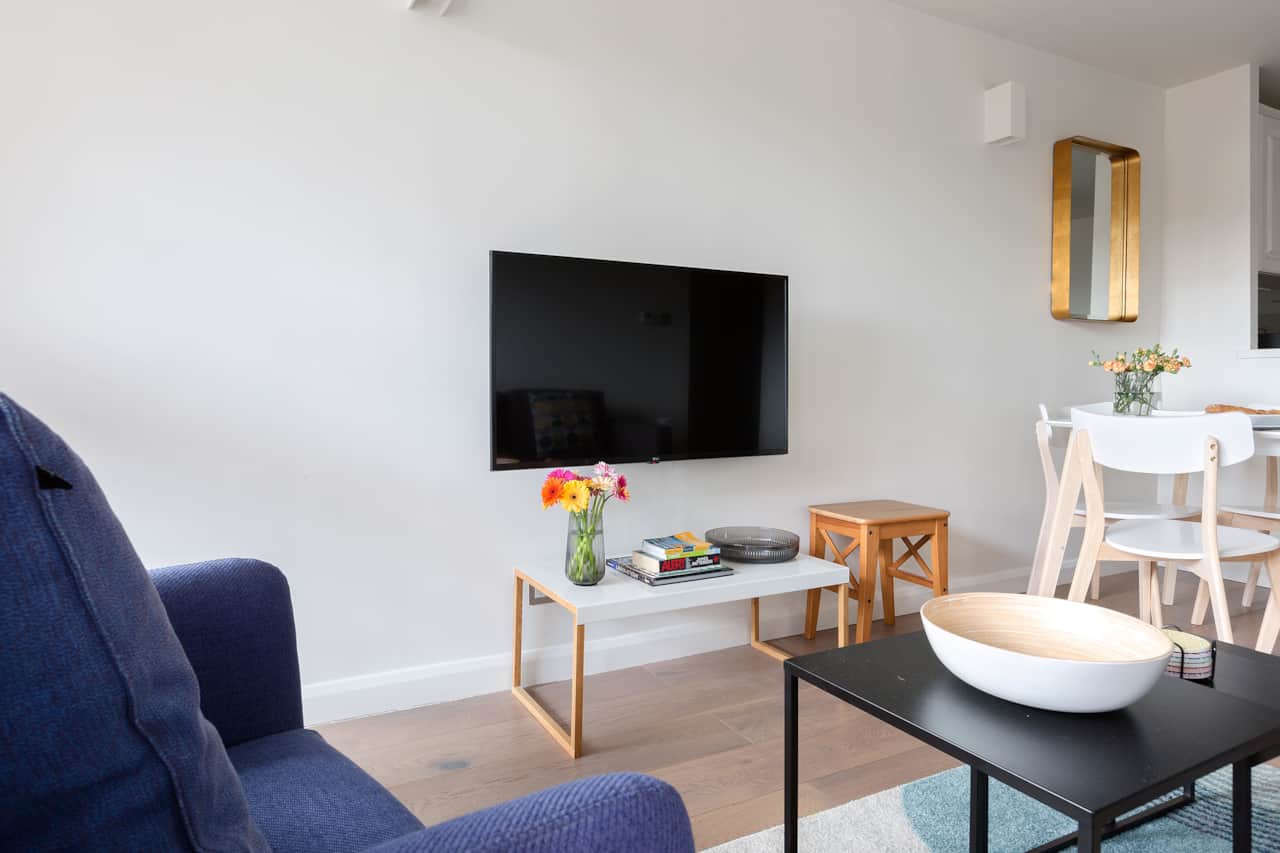Living room TV and styling detail, St Katharine Dock apartment