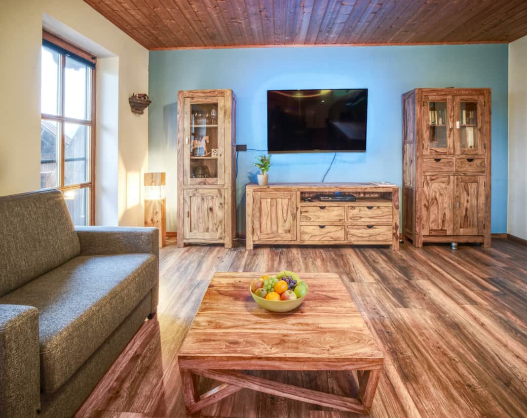 Wohnwand mit Flat-TV. Links befindet sich der Zugang zum Balkon.