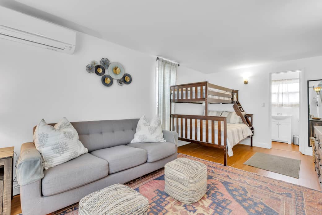 Upstairs Bedroom 3, Full/Twin bunk and queen sleeper sofa, with bathroom at rear of room. 