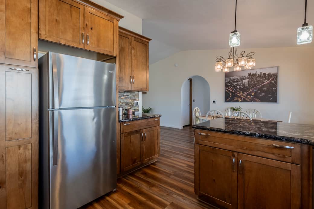 Kitchen facing dining area and main room