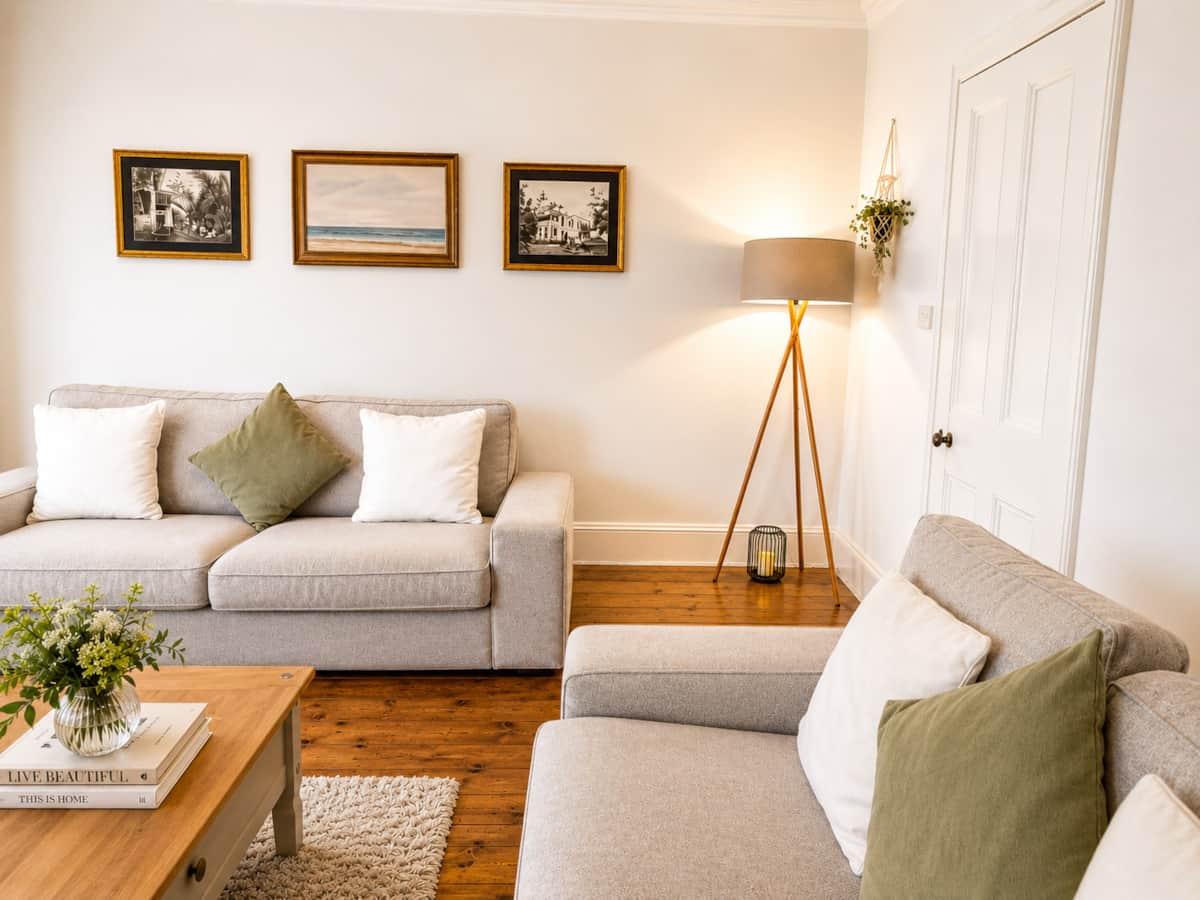 Linen sofas, framed prints and a tripod floor lamp in the living room.